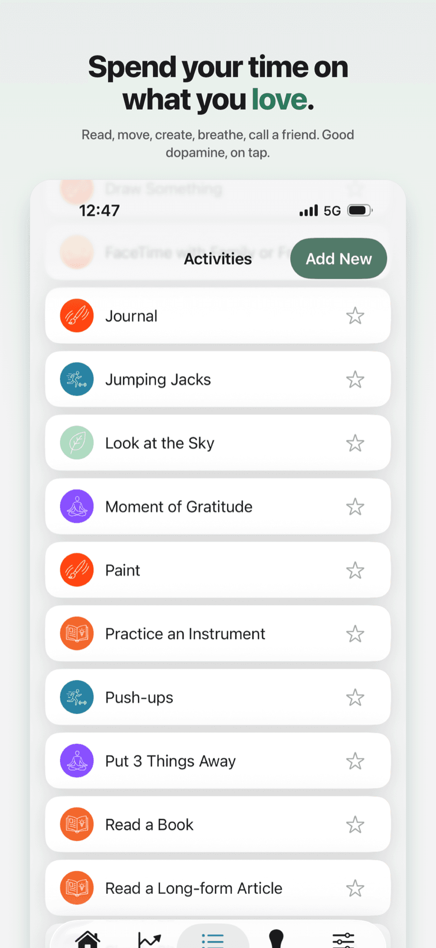 Activities list with restorative options like journaling, movement, and reading
