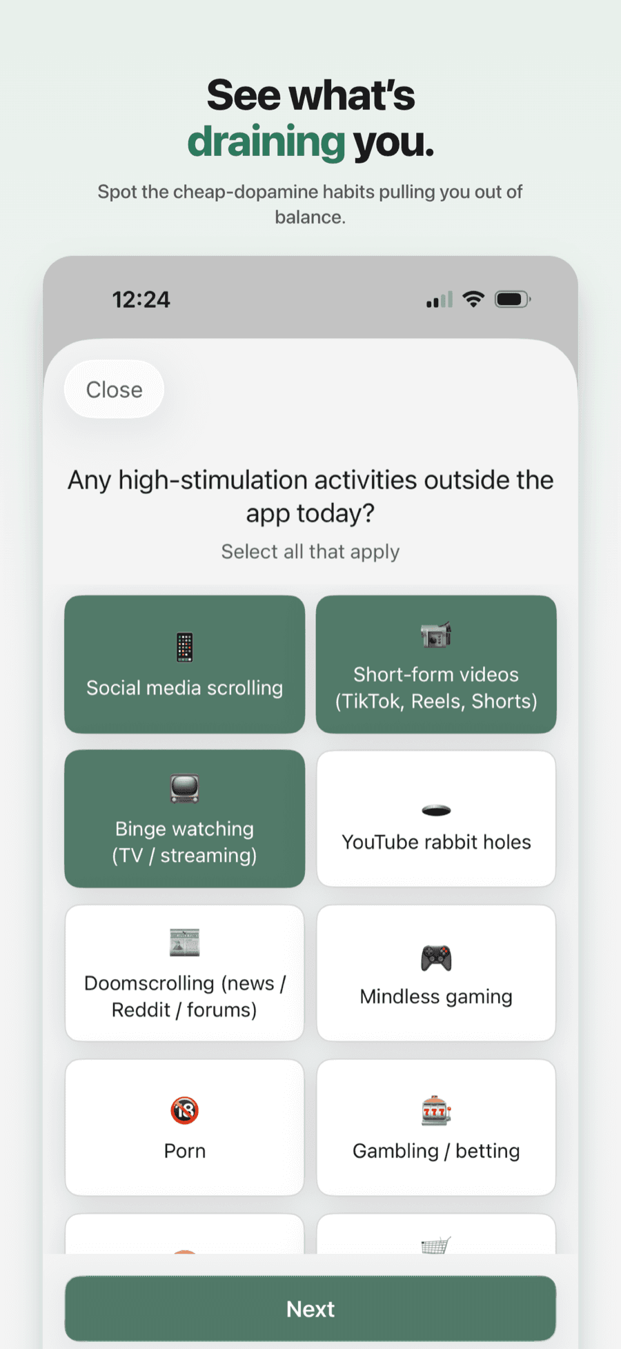 Check-in screen for logging high-stimulation activities